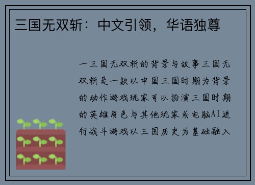 三国无双斩：中文引领，华语独尊