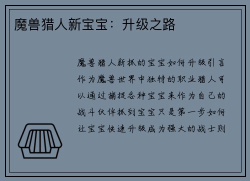 魔兽猎人新宝宝：升级之路
