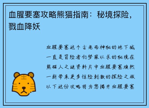 血腥要塞攻略熊猫指南：秘境探险，戮血降妖